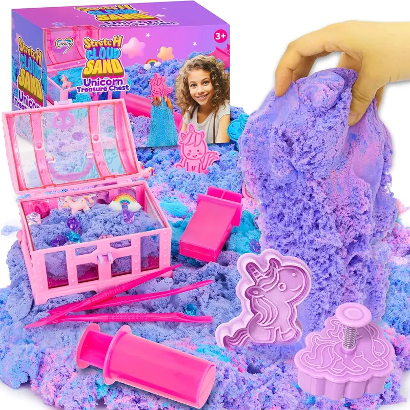 Carolart Unicorn Playset - Unisex Blue & Pink Stretchy Sensory Sand Kit with Treasure Chest, Stretch & Squish Slime, Mix & Mold Tactile Toy for 3-4 Years Boys, All Seasons Stress-Relieving Educational Arts & Crafts Toy
