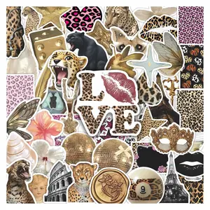 50pcs Vintage Leopard Print Y2K Stickers Pack, Sticker Collage Pack, Waterproof Leopard & Disco Ball Decals, Art Stickers for Journal & Scrapbook, Stickers For Scrapbooking, Y2K & Retro Gift, Adhesive Stickers