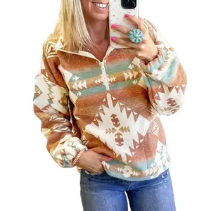 Women’s Khaki Western Aztec Print Quarter Zip Collar Elastic Cuffs Casual Sweatshirt
