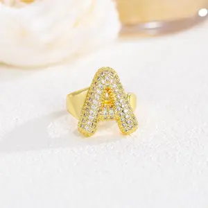 Bubble Golden Initial Rings Artificial Zircon inlay for Women&Men Chunky Golden Rings Bubble A-Z Alphabet Ring Adjustable Rings for Women Zircon Open Letter Ring