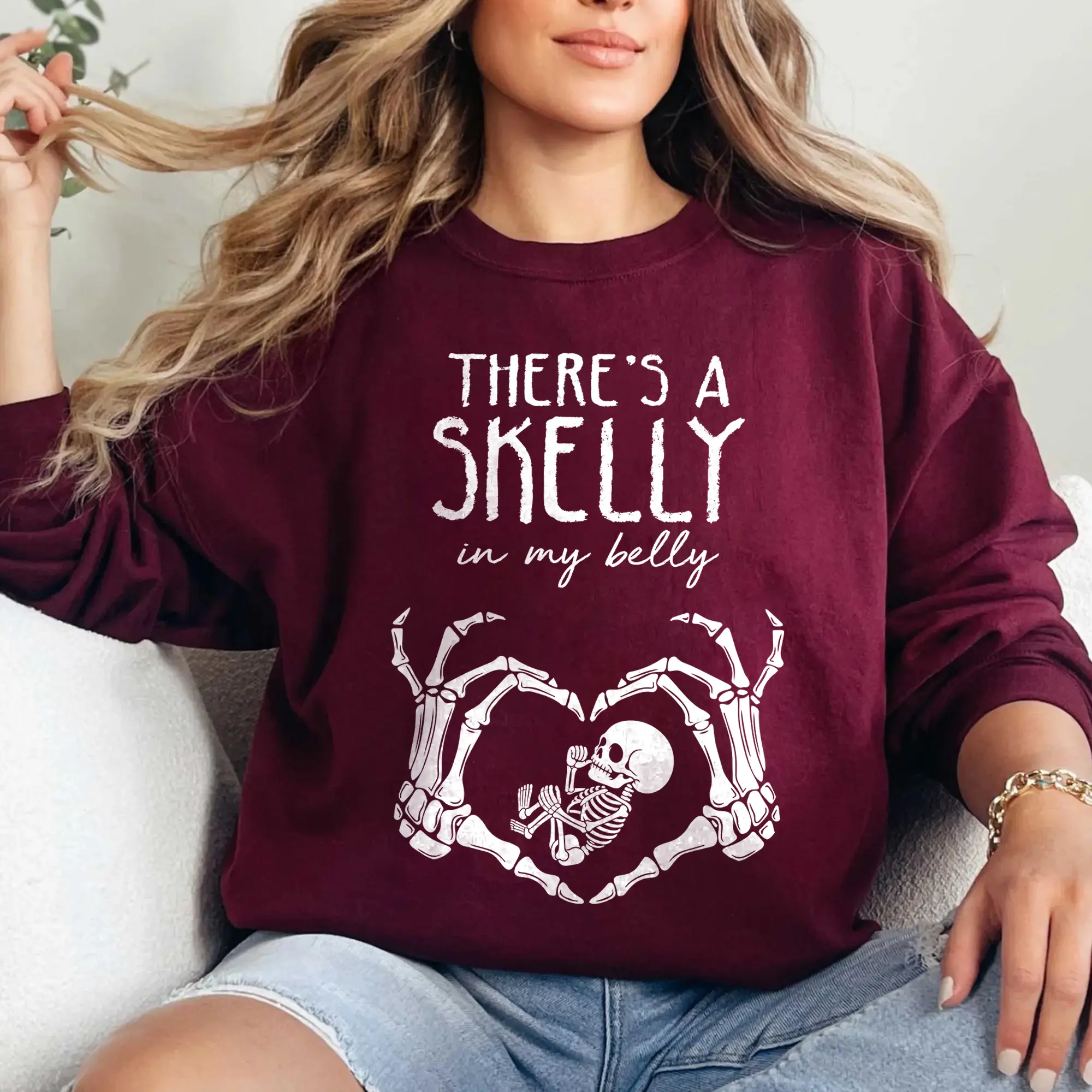 There’s A Skelly In My Belly Shirt - Funny Halloween Maternity Sweatshirt, Cute Pregnant Skeleton Baby T-shirt, Spooky Mom Outfit