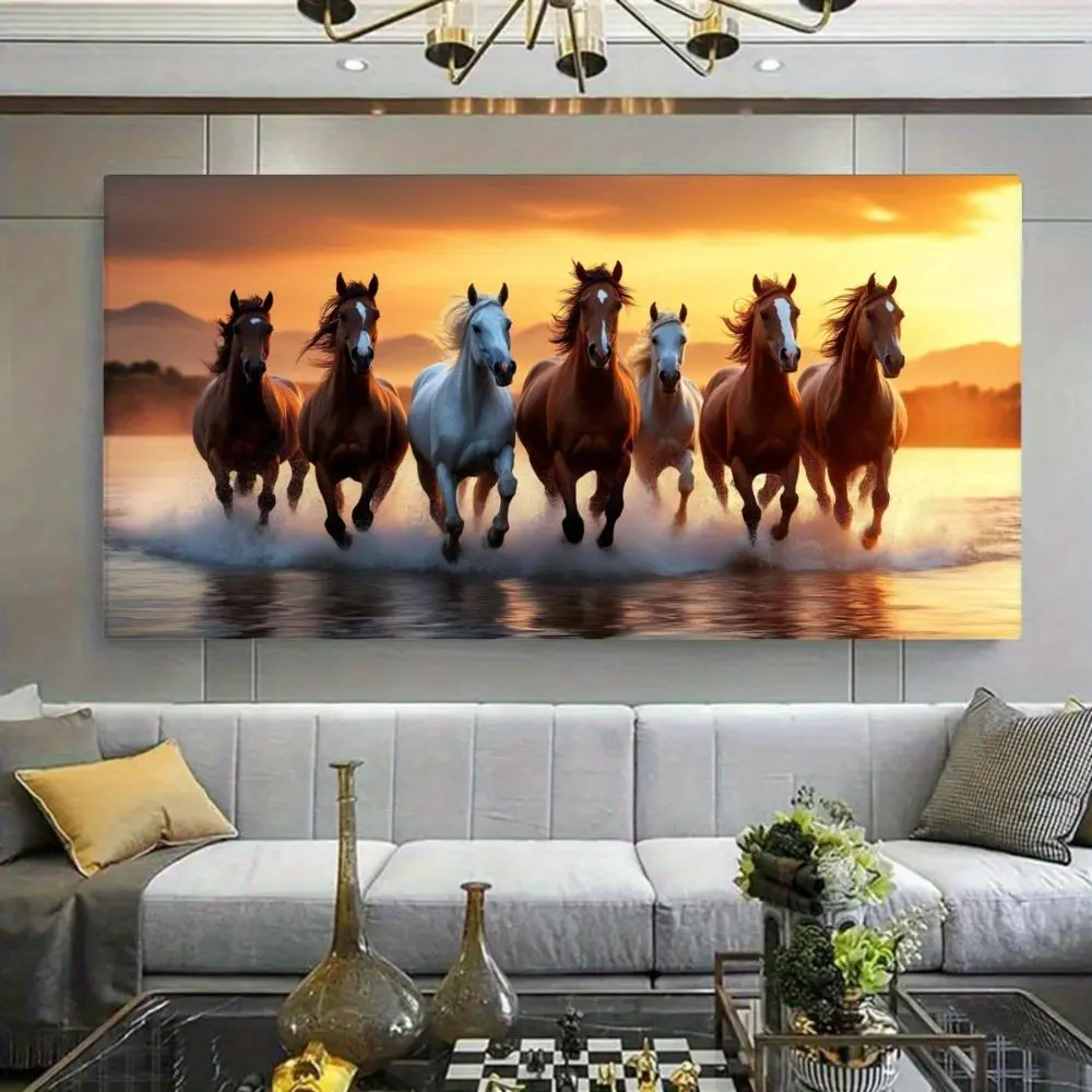 One piece framed Seven Horses painting - Seven Horses Galloping Across the River wall decoration, bright sunset colors, home living room decoration, horse poster decoration, canvas painting artwork, modern art, decorative painting Gift Ornaments Artistic