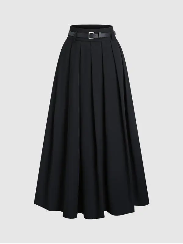 Women's High Waist Long Pleated A-Line Skirt with Decorated Belt, Trendy Casual Business Attire, Stylish Versatile Everyday Wear