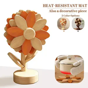 Wooden Style Flower Shape Heat Resistant Trivet Mat, Decorative Foldable Pot Holder Pad, Multi-Use Kitchen Coaster, Unique Housewarming Gift