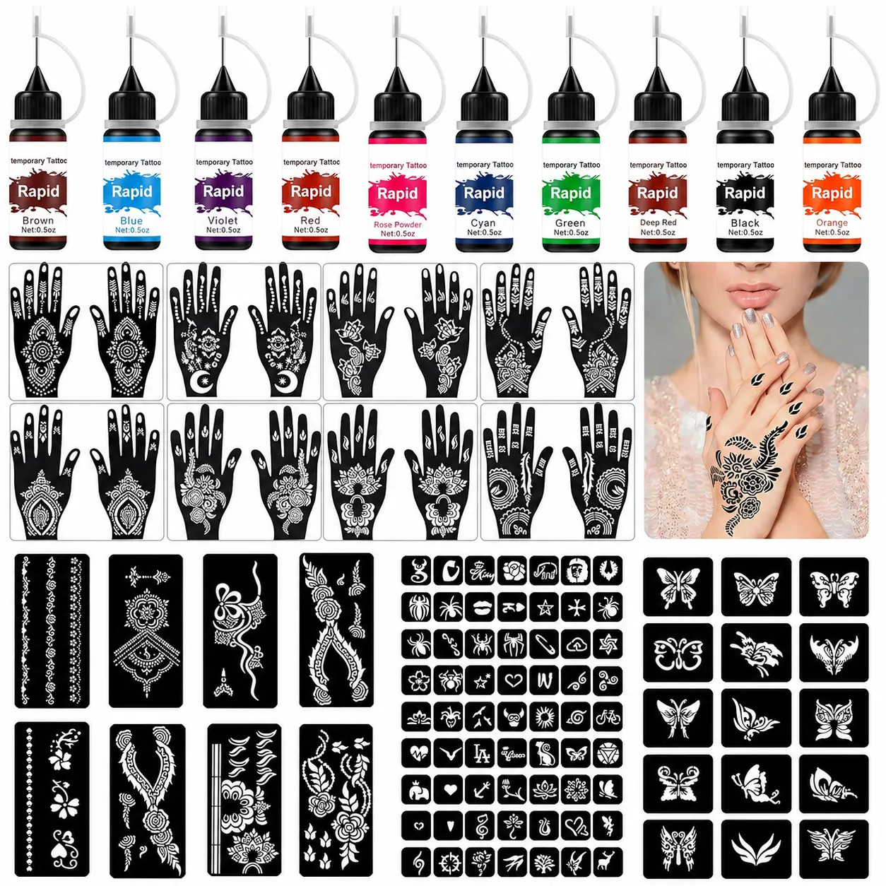 Temporary Tattoo Kit, 10 Bottles Colors Temporary Tattoo Ink, 8 Gloves Stencils, 86 Fun Stencils (Different Sizes) - For Kids, Adults or Beginners: Body or Hand Painting, Art Doing, Party Fun etc
