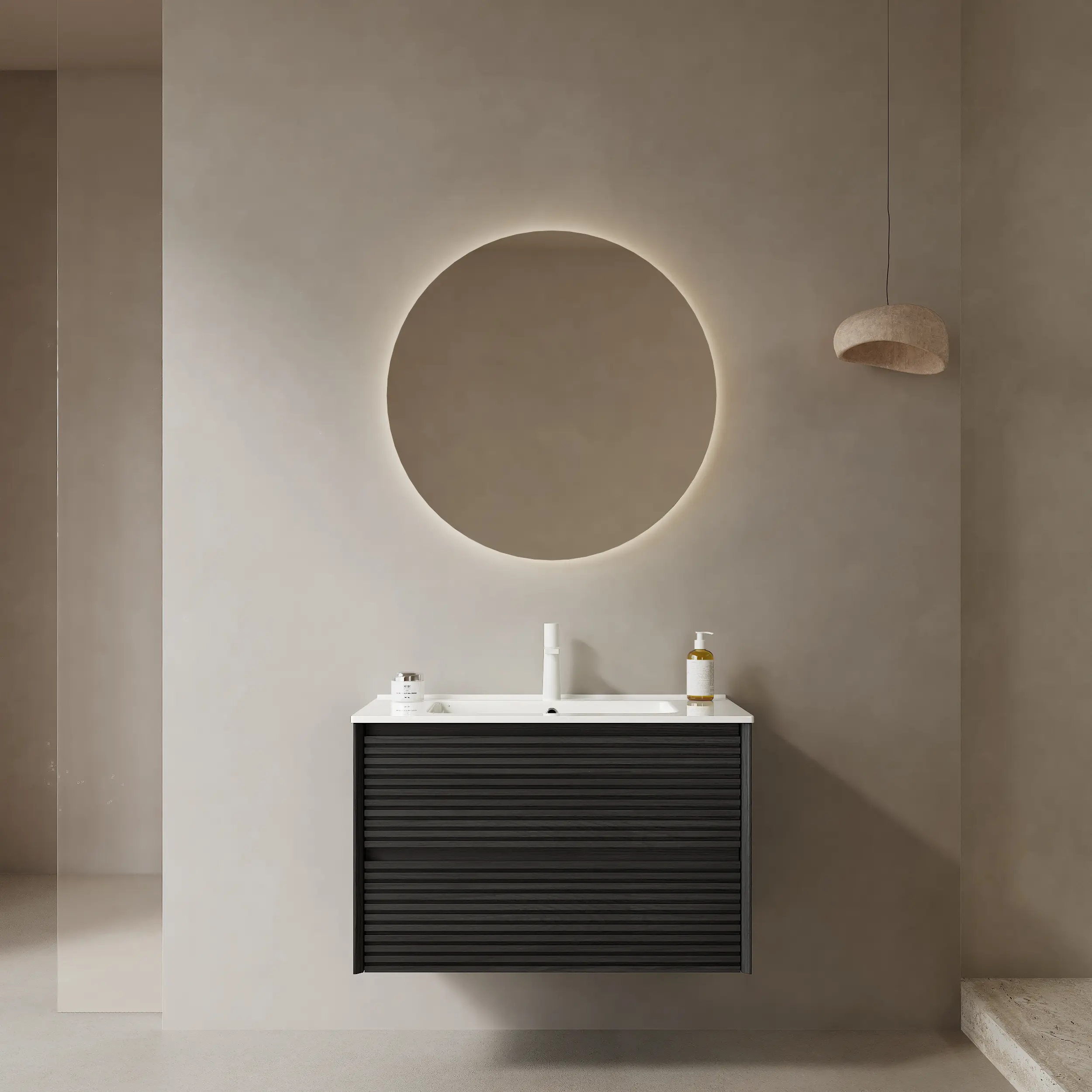 30" Dark Oak Woodgrain Wall-Mounted Floating Plywood Bathroom Vanity with White Ceramic Basin - 30kg, Fully Pre-Assembled, Durable Eco-Friendly Wood Varnish, 2 Drawers, Pre-Drilled Sink Hole Cover, Expandable Sink Drain Pipe, Detailed Installation Manual,