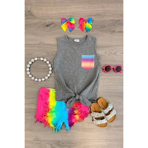 Gray & Rainbow Denim Short Set