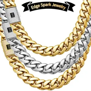 Edge Spark Jewelry 2026 Cuban Link ChainNecklace, Gold Plated Stainless Steel HipHop Necklace, 14mm Miami Cuban Chainwith Box Clasp chain Modern Versatile Accessories Necklinphalt womens gifts