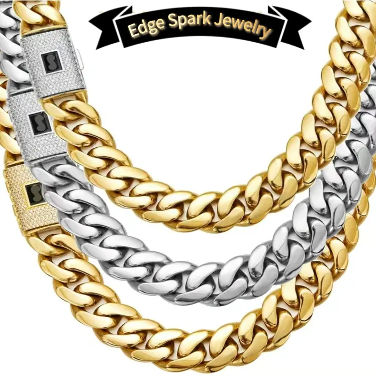 Women's 14mm Gold-Plated Stainless Steel Miami Cuban Link Necklace - Exquisite Chain Jewelry, Box Clasp, Necklace Layering Clasp, 2026 Modern Versatile Accessory, Daily HipHop Gift