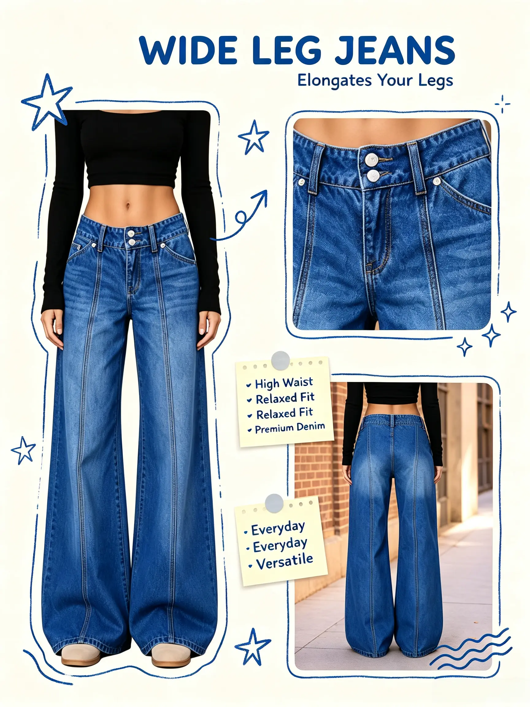 Women's High-Waisted Wide Leg Stretchy Denim Jeans, Full Length, Seamed Front, Double Buttons, Relaxed Fit, Pockets, Soft Comfy Casual Daily Wear Pants