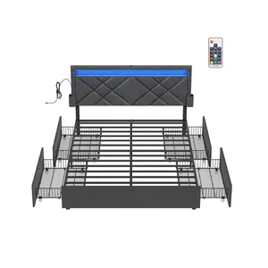 VASAGLE LED Bed Frame Queen Size, Queen Bed with Headboard and 4 Drawers, 1 USB Port and 1 Type C Port, Adjustable Upholstered Headboard 36.7/39.3 Inches, No Box Spring Needed