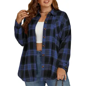 Women’s Plus Size Casual Flannel Plaid Long Sleeve Button-Down Dress Shirt with Tie Waist, Sizes XL–5XL