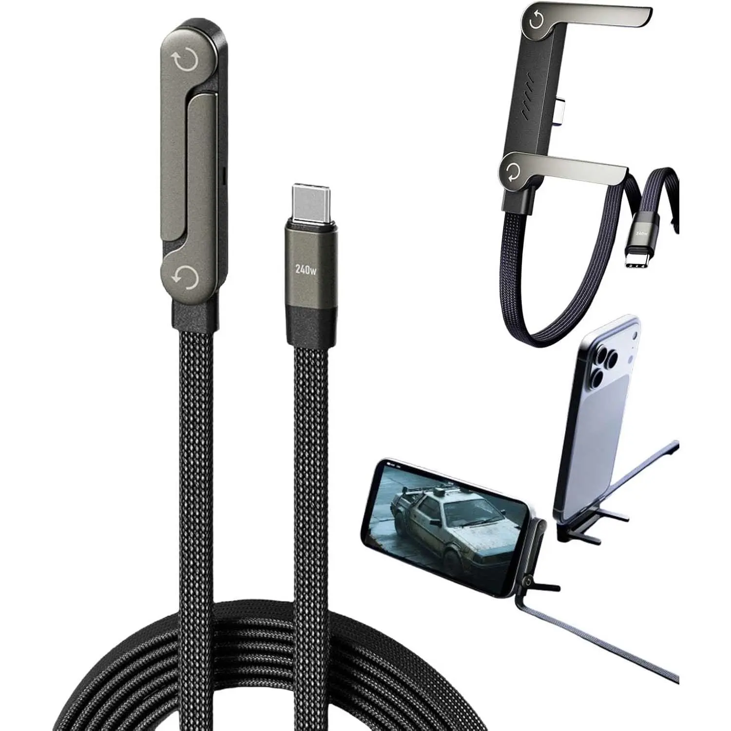 Sideways Phone Charger Cable, Electronic Mobile Accessory, 2-in-1 Invisible Holder Charging Cable, 240W Fast-Charging Cord with Built-In Phone Stand, Type C Charging for Smartphones and Tablets