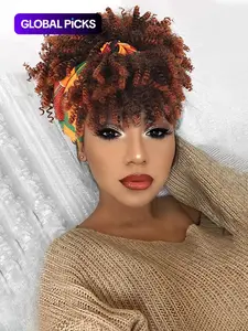 Women's 8 inch Afro Kinky Coily Textured Wigs with Headband, Natural Fluffy Curly Soft Synthetic Hair Wigs, Synthetic Full Machine Glueless Wig for Party, Cosplay, Photo Shoots, Synthetic Material Wigs