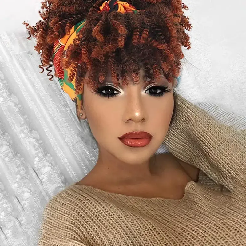 Women's 8 inch Afro Kinky Coily Textured Wigs with Headband, Natural Fluffy Curly Soft Synthetic Hair Wigs, Synthetic Full Machine Glueless Wig for Party, Cosplay, Photo Shoots, Synthetic Material Wigs, No Glue Wig, Headband Style Wig