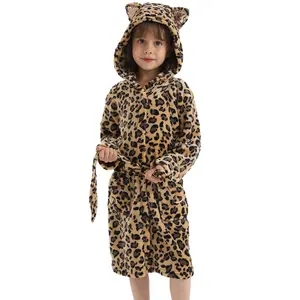 Leopard Cat Fleece Hooded Bathrobe for Girls 3-12, Soft Plush Robe with Pockets, Kids Birthday Christmas Gift