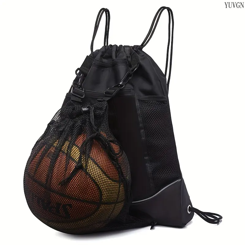 Solid Black Nylon Sports Drawstring Backpack - Durable Unisex Youth Bag with Detachable Mesh Ball Pocket, Side Mesh Pockets, Backpacks for School, Soccer, Gym Use, Brand New Quality Assurance