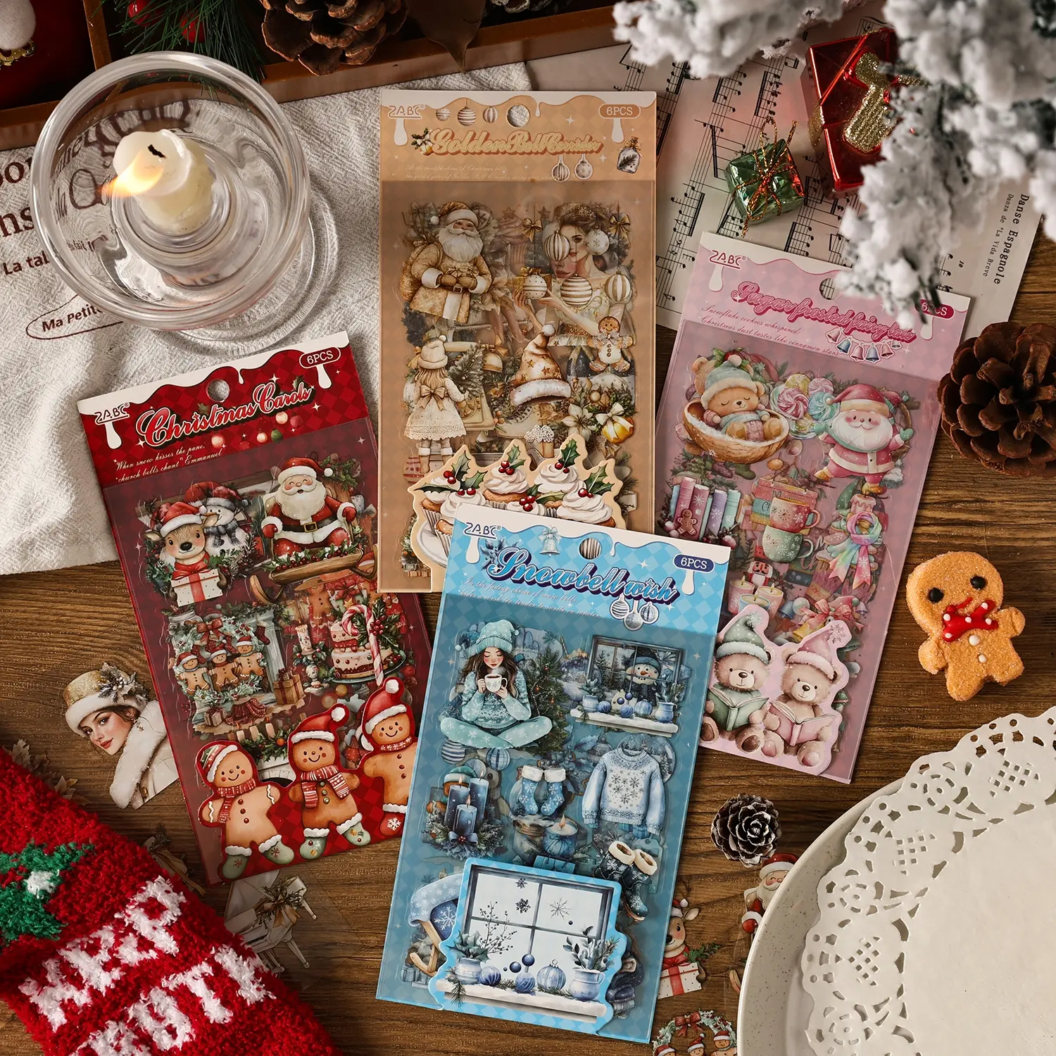 Christmas Theme Pet Sticker Pack, 6 Sheets/bag, Snowy Night Carol Series, Decorative Stickers for Journals & Water Bottles, Holiday Stickers