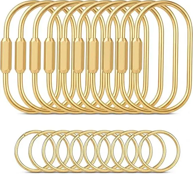 Gold Brass Key Rings – 10 Pack Keychain with 10 Flat Rings, Carabiner Clip, Screw Lock Keys Organizer – Purse Bag Accessories, Charms Holder for Handbags, Doll, Car Keys – Perfect for Keys, ID Badges, Craft Projects, or Gift Making