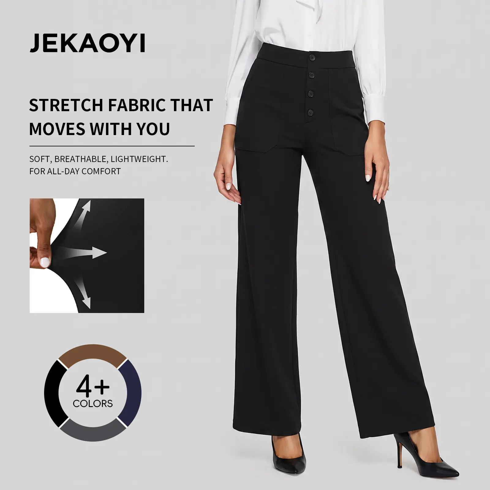 JEKAOYI Womens Casual High Waist Straight Leg Pants Stretchy Button Business Dress Work Pocket Trousers Flattering Spandex Polyester