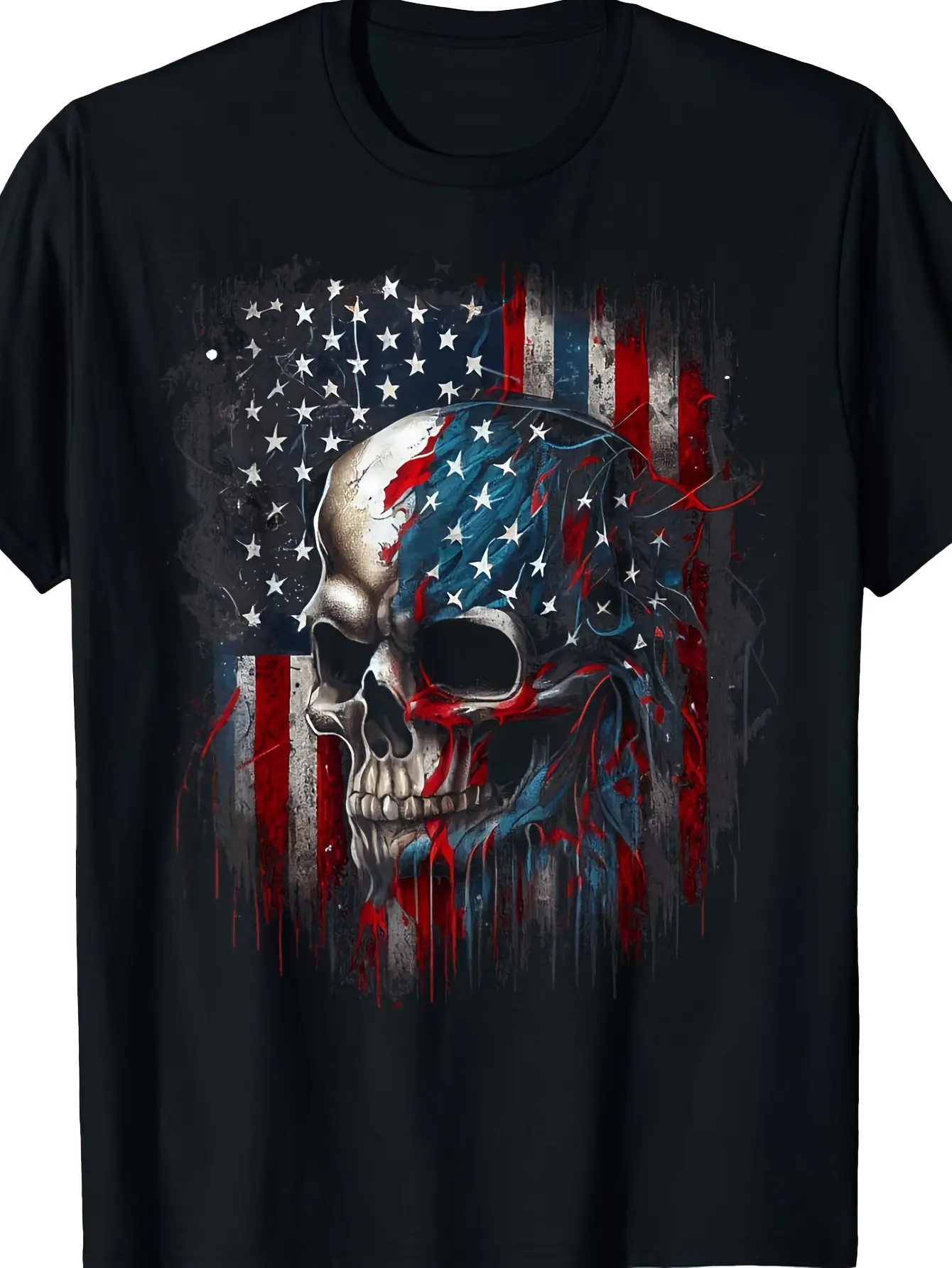 Men's Casual Classic Short-Sleeve Patriotic Graphic T-Shirt - Soft Cotton, Round Neck, Distressed American Flag Skull Print, 4th of July Menswear Top