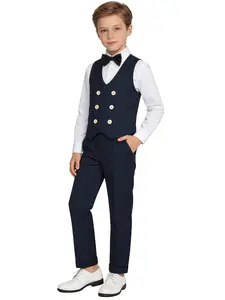 Boys Double-Breasted Vest 3-Piece Set | Vest + Pants + Matching Bow Tie | Burgundy/Navy/Light Blue/Magenta/Pink | Fits 100-150cm | Perfect for Weddings, Performances, Parties, Birthdays, Halloween, Christmas & Thanksgiving (No Shirt Included)-XT8215