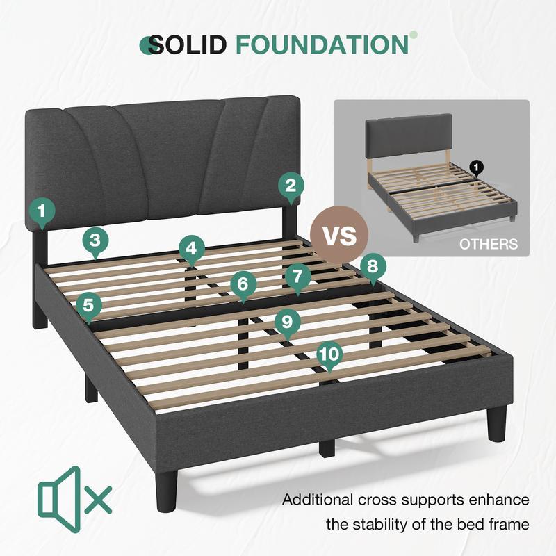 Bed Frame Upholstered Platform Full/Queen/King Bed Frame with Adjustable Headboard, Strong Weight Capacity, No Box Spring Needed, Easy Assembly, Grey Modern Unique Bedroom Furniture