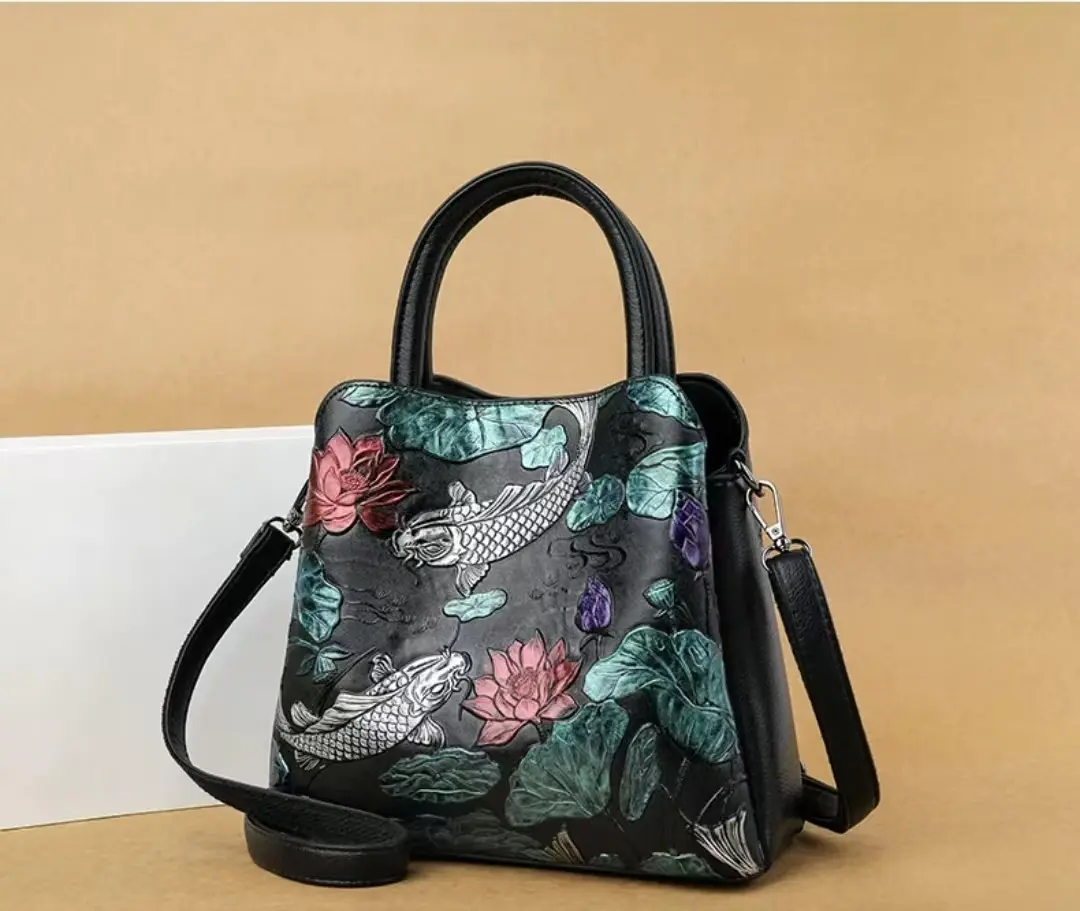 A103-Koi & Lotus Embossed Handbag Artistic Vintage Daily Shoulder Crossbody Bag Fashion Hand Bag
