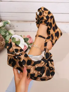 Women's Plus Size Open Toe Bow Wedge Sandals, Fashionable Leopard Print Thick Sole, Comfortable Daily Wear with Adjustable Strap