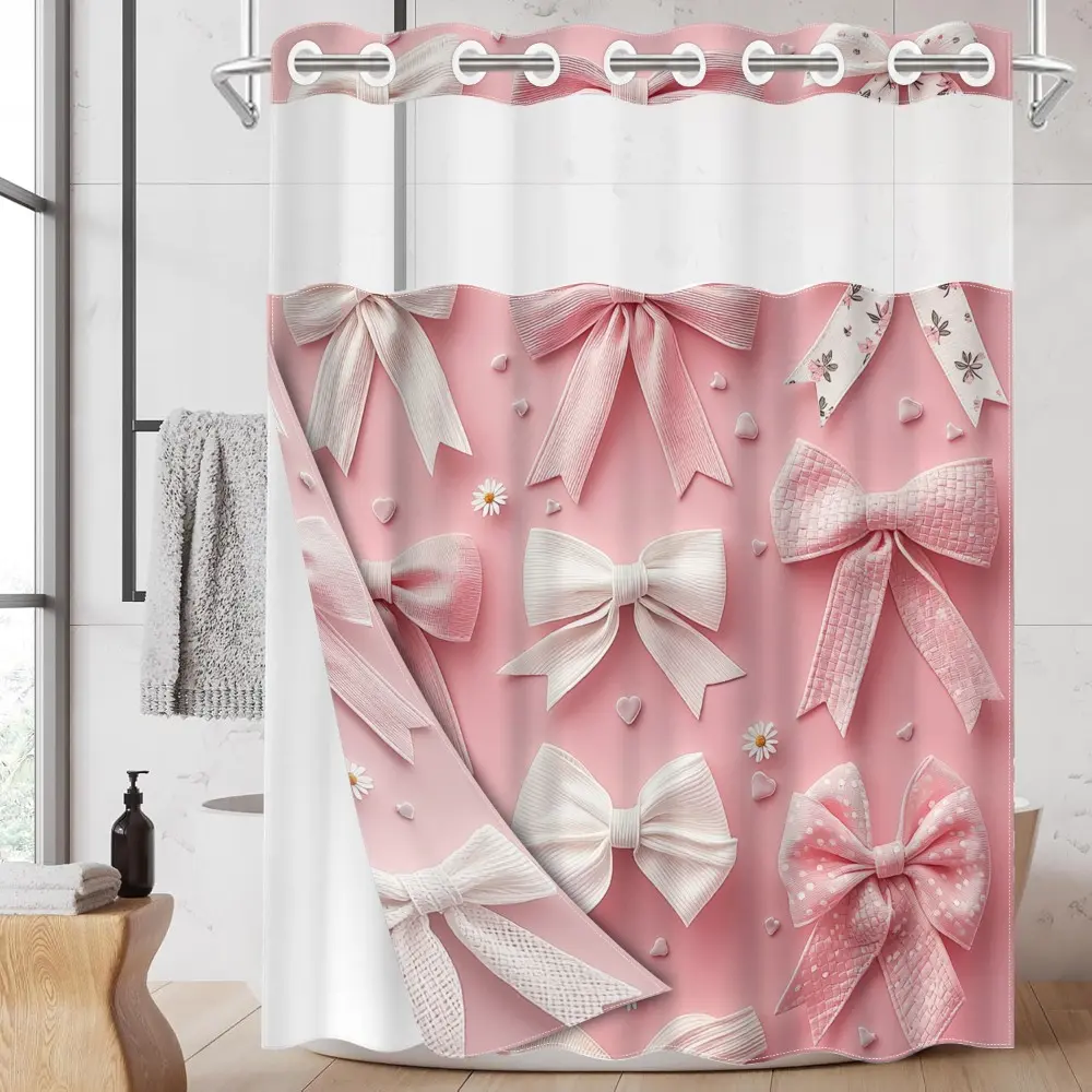 1pc hookless shower curtain with buckle lining, spring pink and white bow design, 2D flat printing, fabric waterproof lining, see-through double-layer shower curtain, 71 x 74 inches, Shower Curtain Cute, Shower Curtain Liner