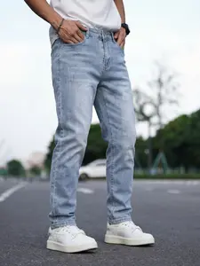 Men's Light Blue Washed Slim Fit Stretch Plain Denim Jeans Pocket, Casual Straight Leg Pants for Outdoor & Daily Wear, Premium Denim Pants, Jeans Bottoms, Pocketed Denim