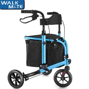 WALK MATE 3 Wheel Rollator Walker with Seat for Slim Seniors, Padded Backrest Lightweight Foldable Walker Ideal for Elderly, 8 Inch Tri-Wheel Modern Mobility Walking Aid Aluminum, Blue