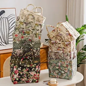 Retro Flower Quilted Storage Basket with Handles - Durable Large Cotton Organizer Bin, Multi-Pocket Space-Saving Collapsible Tote for Bedroom, Grocery Shopping