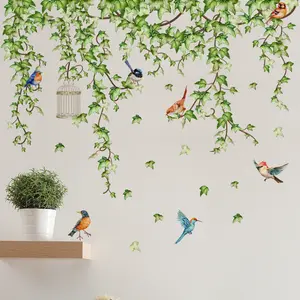 A set (30*90cm*2pcs) of creative green ivy and bird featured decorative wall stickers for bedroom, living room, corridor and entrance background wall, self-adhesive M17515-KR, Nursery Wall Decor
