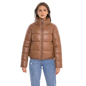 Women's Faux Leather Puffer Jacket, Puffy Coat - S.E.B. By SEBBY Toffee Small