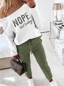 【Plus Size】 Letter Print Drop Shoulder Tee & Drawstring Waist Pants Two-Piece Set, Casual Fashion Cozy Long Sleeve Boat Neck Top & Pocket Trousers for Daily Outdoor Wear, Women's Clothing for Fall, Casual Loungewear Set