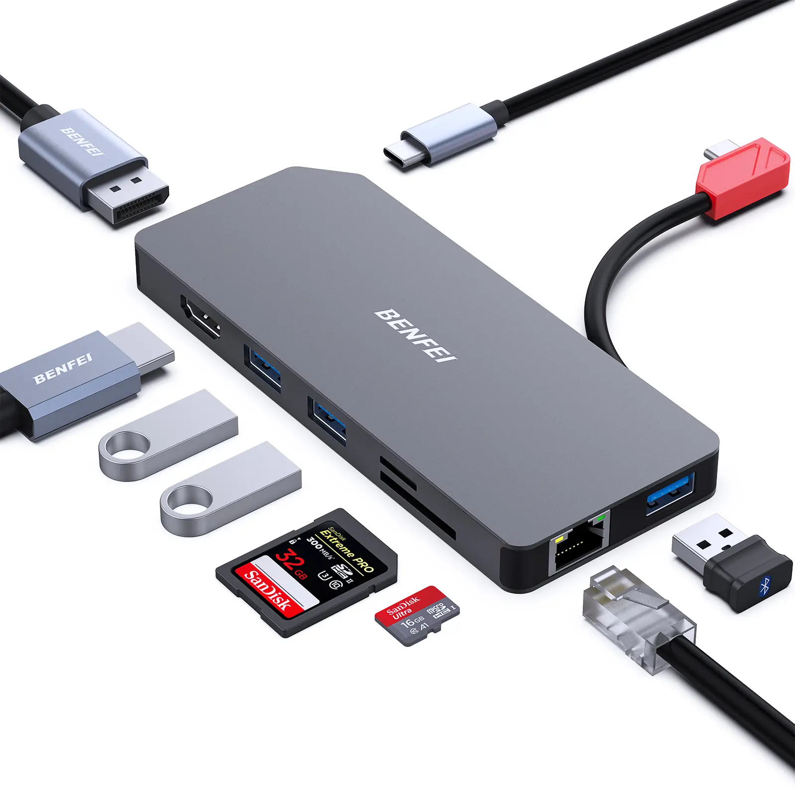 BENFEI 9 Port USB-C Dual 4K Monitor Docking Station HUB with HDMI/ DisplayPort/3*USB-A/USB-C 10Gbps+100W Power Delivery/SD/TF Card Reader/1*RJ45