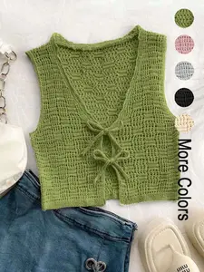 Women's Solid   Tie   Front   Knitted Vest, Casual Sleeveless   Top for Summer, Ladies Clothes for Daily Wear