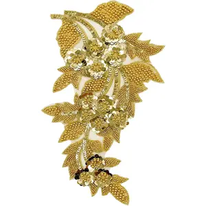 1pc Large Flower Rhinestone Applique Gold, Embroidery Sequin Patches for Clothes,Beaded Lace Applique for Wedding Bridal Dress Bodice Hat Sewing Craft for Girl Embellishment(Gold)