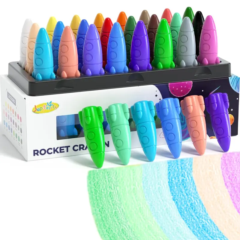 JUPITEARTH Rocket Crayon Box - Unisex 12+24 Colors Non-Toxic Washable Easy Grip Toddler Palm Grip Crayons, Art Crafting Kit, Colored Drawing & Painting Supplies, Kids’ School Coloring Stationery
