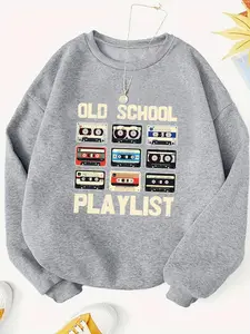 Women's Letter & Cassette Tape Print Drop Shoulder Graphic Sweatshirt, Casual Streetwear Sweatshirt, Casual Long Sleeve Round Neck Pullover for Fall & Winter, Women's Clothes for Daily Wear, Casual Pullover Tops