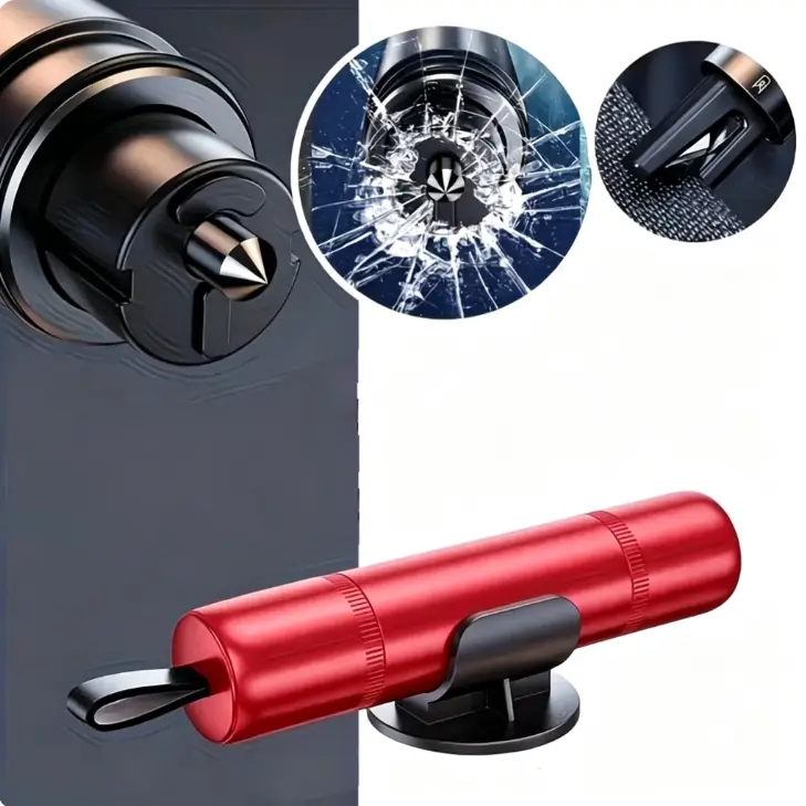 Auto Safety Emergency Tool - 2-in-1 Functional Universal Size Car Window Breaker & Seatbelt Cutter, Red Auto Accessory