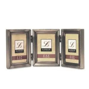 212 MAIN Traditional Steel Decor Photo Frame - Antique Pewter Finish, Hinged Triple 2x3 in Size, Beaded Edge Design for Baby & Maternity Room Decoration