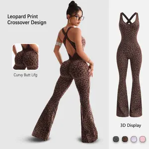 Women’s Summervibes Leopard Print High-Waist Jumpsuit, Sexy Hollow-Out Criss-Cross Back Design, Fitness Wear, Backless Jumpsuit, Trendy Activewear, Women’s Slim-Fit Sports Suit, Flared Pants, Yoga Set Workout Bodysuit Outdoor Fun
