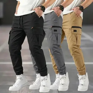 3-pack men’s solid-color tactical work pants featuring multiple pockets and faux zipper details; durable outdoor training pants available in various colors, suitable for fishing, outdoor activities, work, hiking, and camping—an ideal choice for all season
