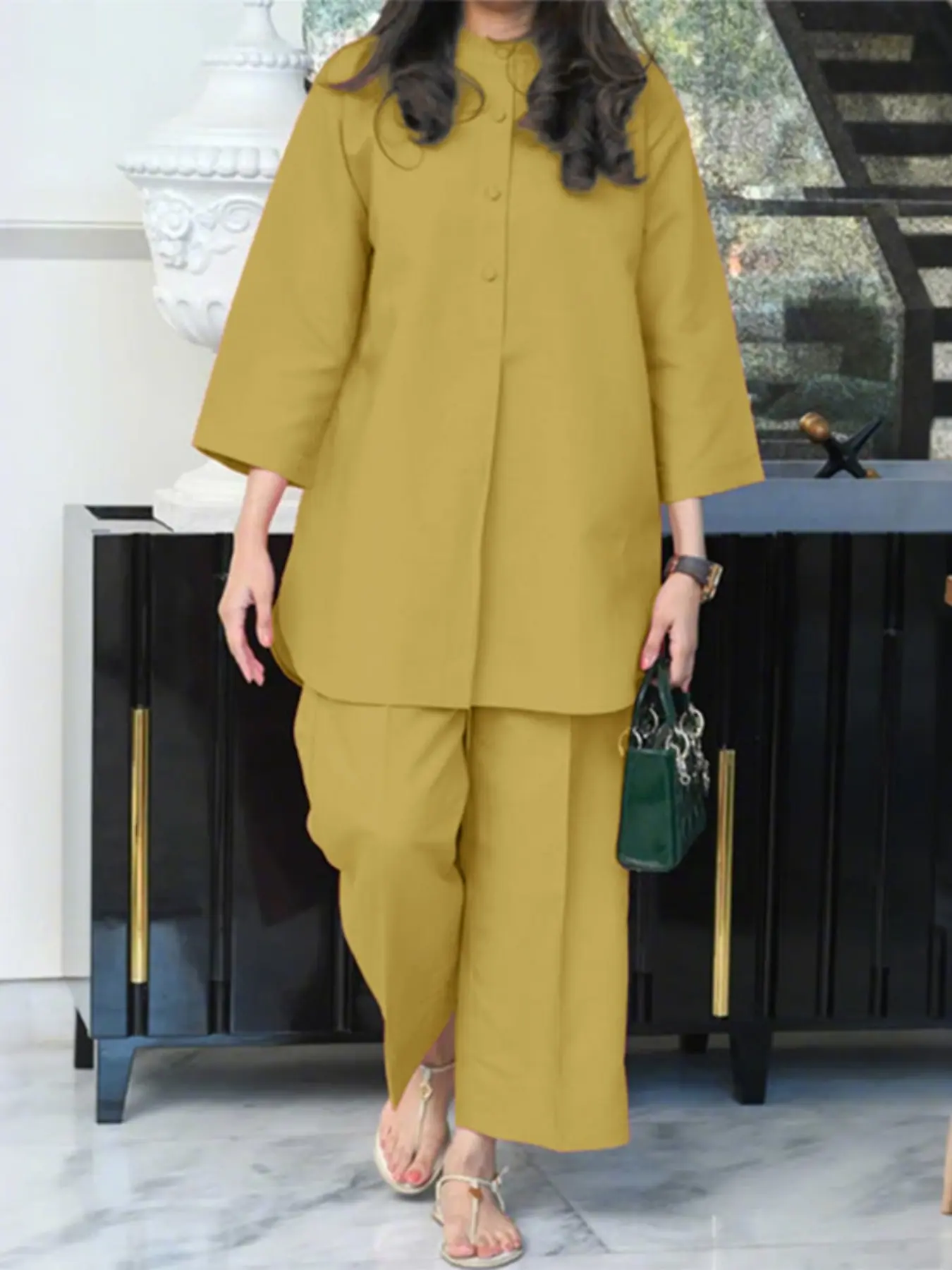 Women's Two-Piece Set, Womenswear, Suits, Button-Up Top & Loose-Fit Straight-Leg Pants, Casual, Minimalist, Woven Fabric, Comfortable & Stylish, Perfect for Daily Wear, Outfit, Matching Clothing Set, Casual Fashion Set