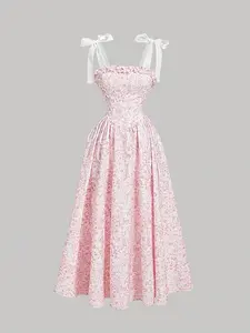 Women's Bow Shoulder Strap Floral Print Fitted Summer Dress, Elegant Sleeveless Dress, Elegant Ruffle Hem, Graduation Gown, Casual Women's Dress, Tea Party Dress, Valentine's Day Gift