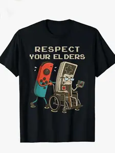 Respect Elderly Game Print Casual T-Shirt, Retro Gaming Lover Tee, Long Slim-Fitting, All Seasons, Comfortable & Stylish