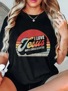 100% Cotton Vintage Retro I Love Jesus But I Cuss A Little Humorous T-Shirt Christ Christian Tops