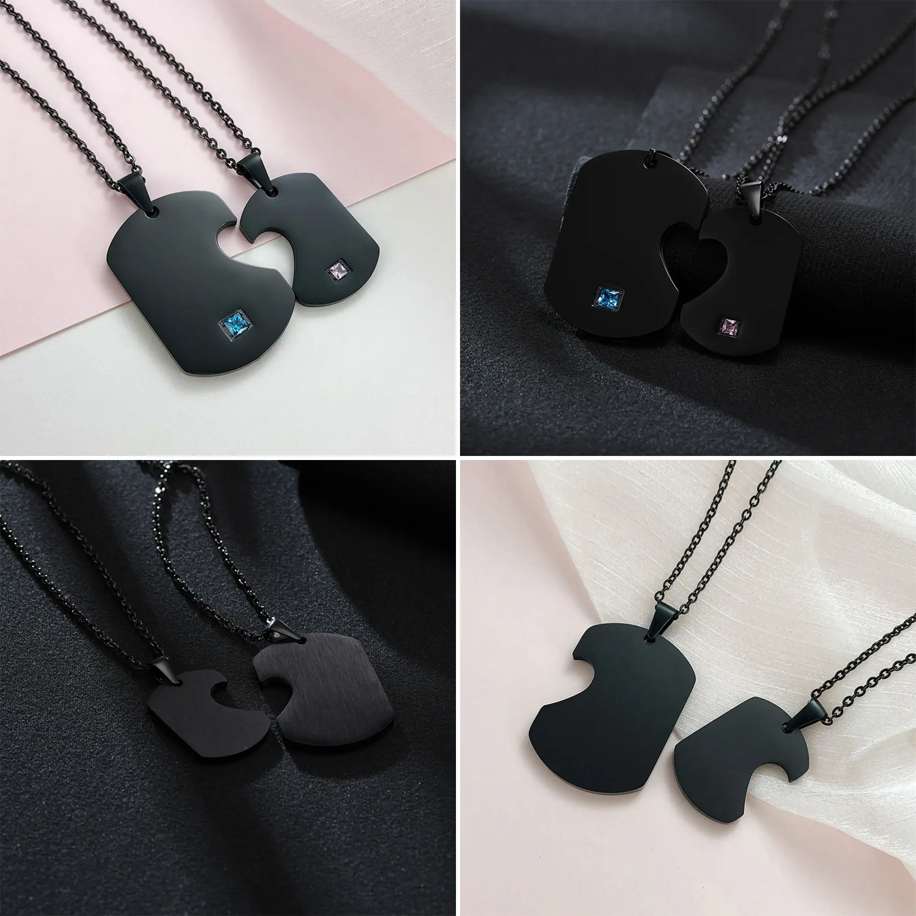 OIDEA Couples Engraved Heart-Puzzle Necklaces Set, Stainless Steel Matching Pendants with Cubic Zirconia, Engravable His & Hers Gift, Engraved Heart-Shaped Necklaces, Puzzle-Shaped Necklaces
